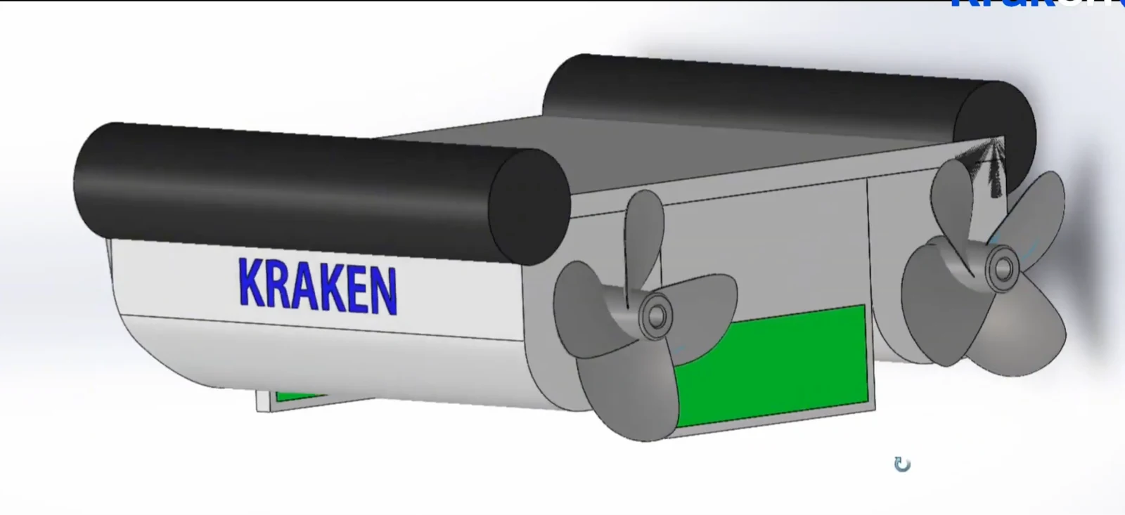 CAD rendering of the Kraken catamaran with twin hulls and two propellers