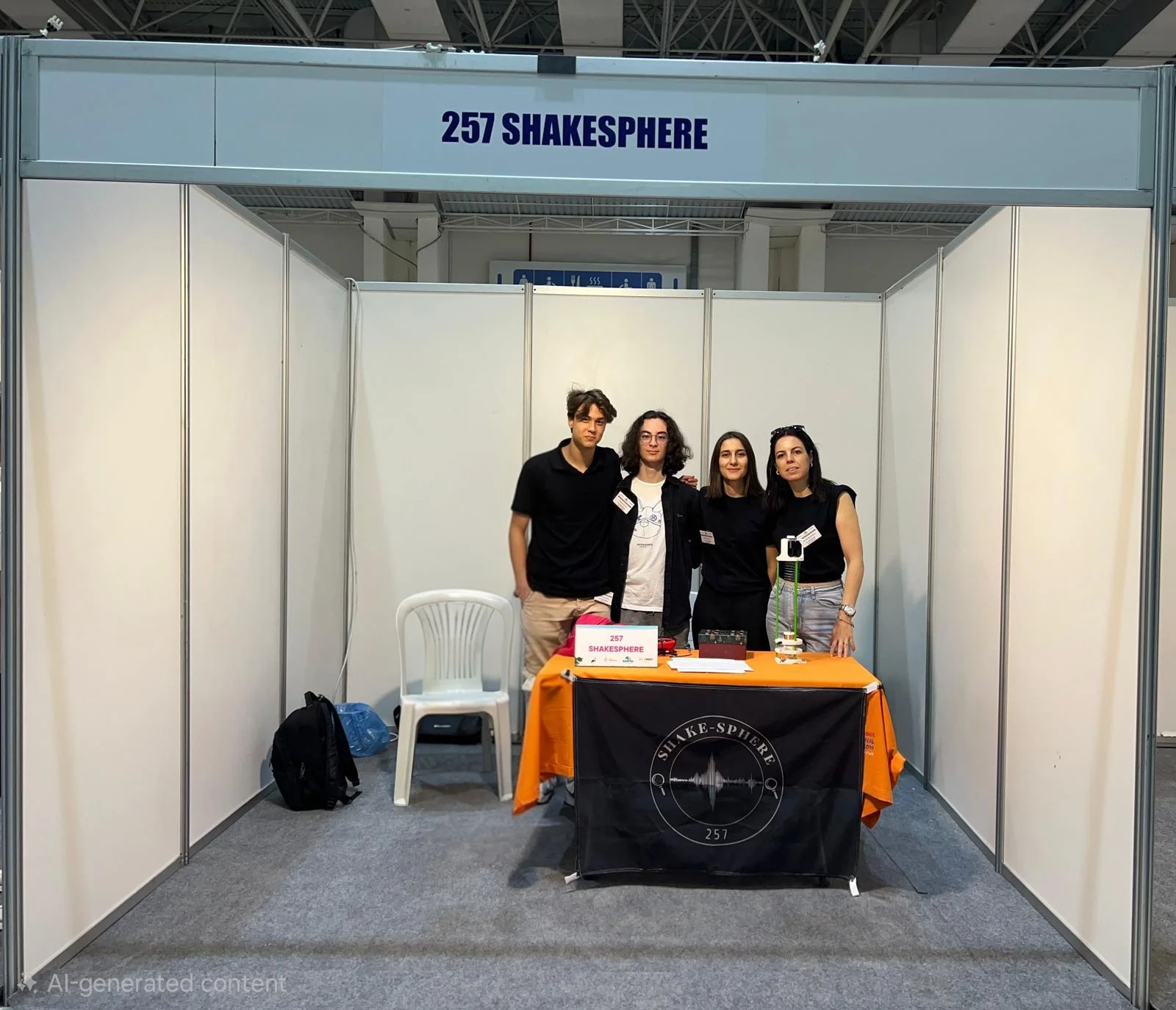 Shakesphere team beside their earthquake-rescue wristband project display